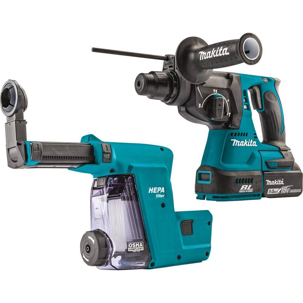 Makita 18V 5.0 Ah LXT Lithium-Ion Brushless 1 in. Cordless Rotary Hammer Kit Accepts SDS-PLUS HEPA Dust Extractor Attachment XRH011TWX