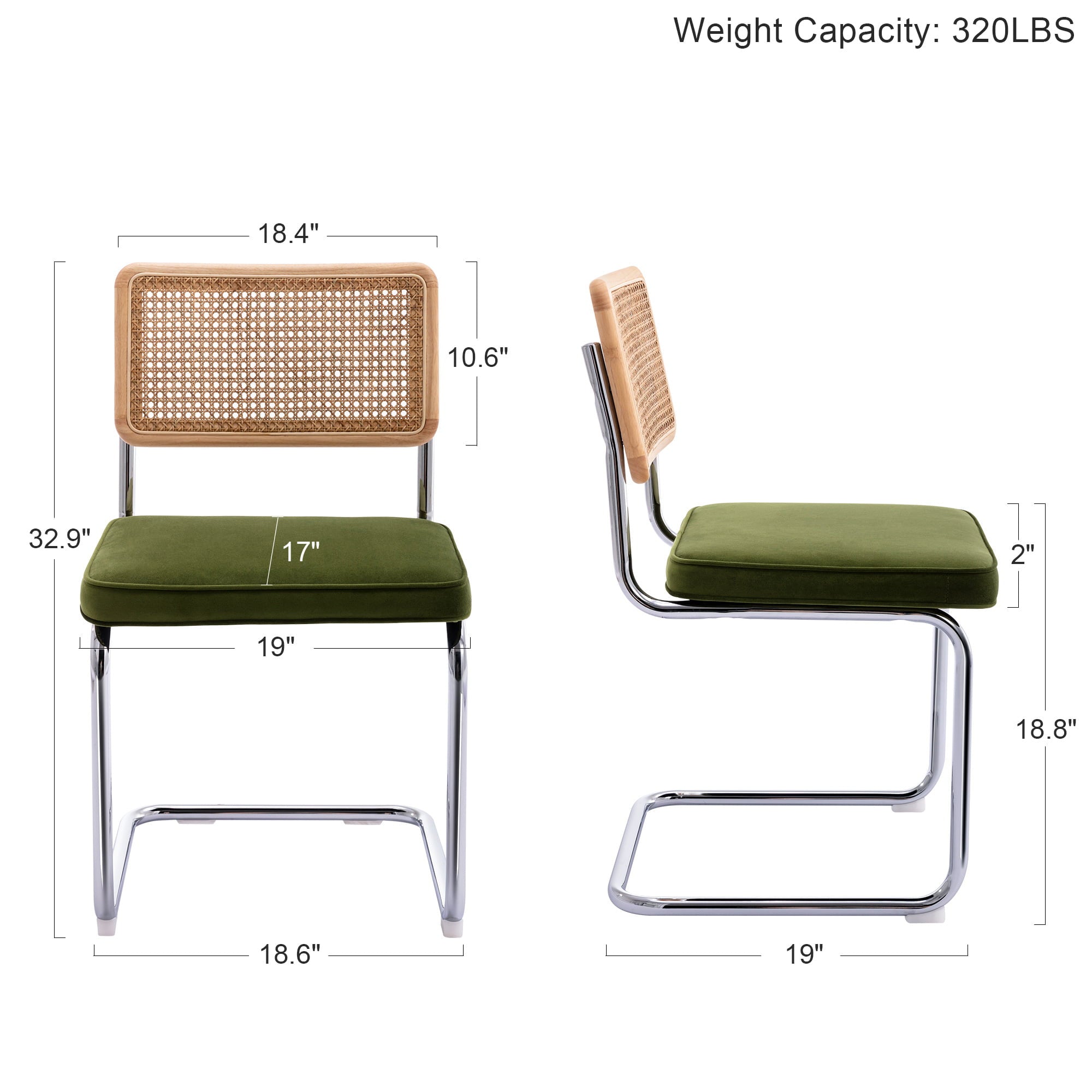 Zesthouse Rattan Dining Chairs Set of 2， Velvet Upholstered Side Chairs with Cane Back and Chrome Legs， Mid-Century Modern Dining Living Room Kitchen Chairs， Olive Green