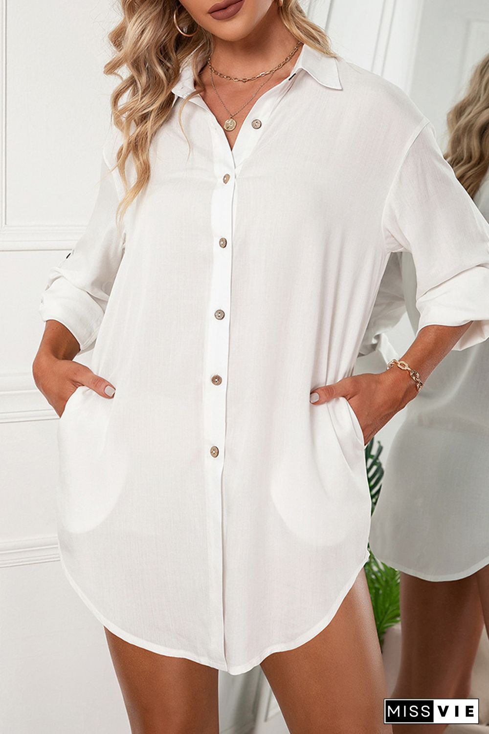 Casual Solid Buckle Turndown Collar Shirt Dress (6 Colors)