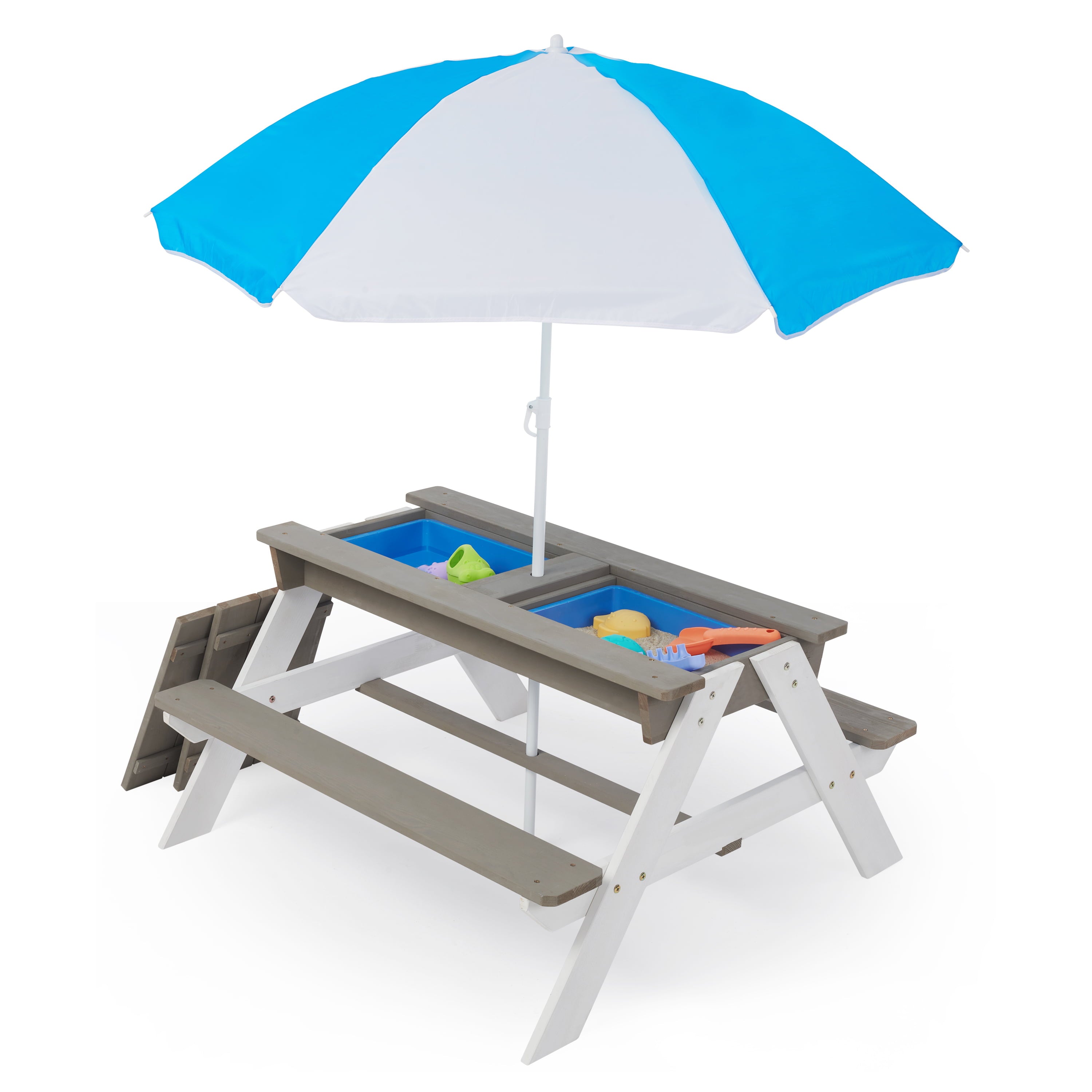 D-road 3-in-1 Kids Outdoor Wooden Picnic Table W/ Umbrella, Convertible Sand & Wate W/ Toys, Gray