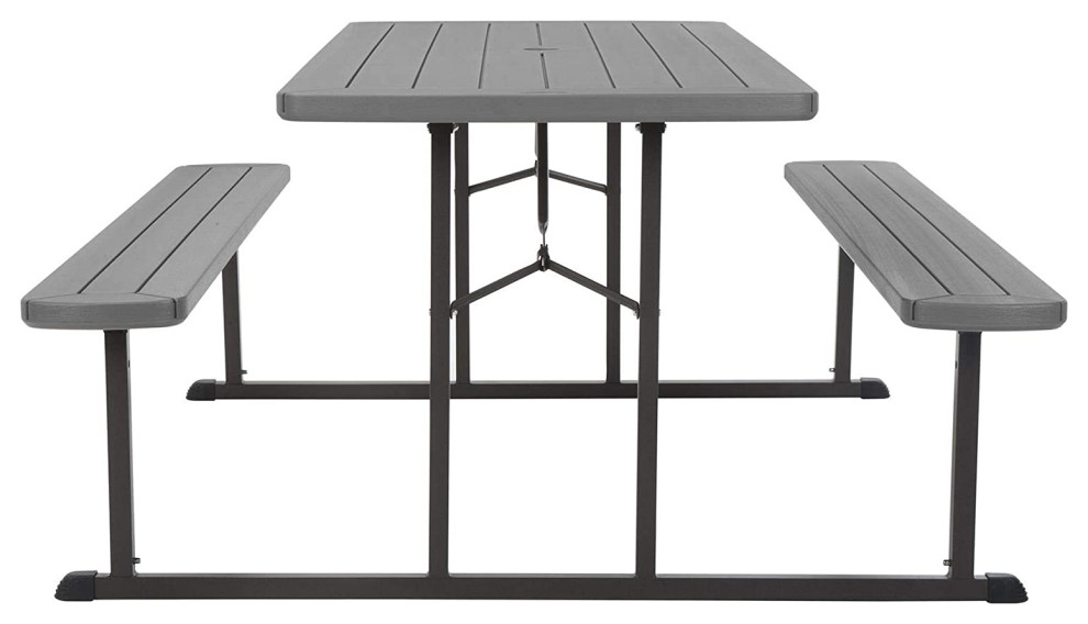 Folding Patio Picnic Dining Table  Metal Frame With Dark Wood Grain Top  ampSeats   Transitional   Outdoor Dining Sets   by Decor Love  Houzz