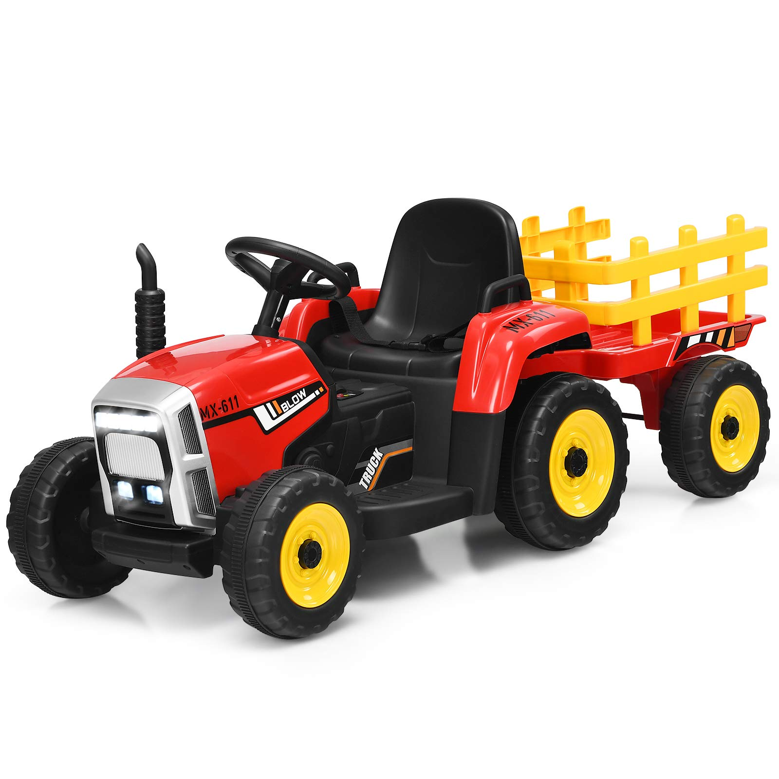 Costzon 12V Kids Ride On Tractor with Trailer, Battery Powered Electric Vehicle Toy Car