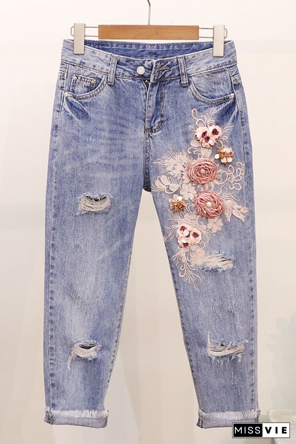 Floral Embroidery Ripped Jeans Wholesale