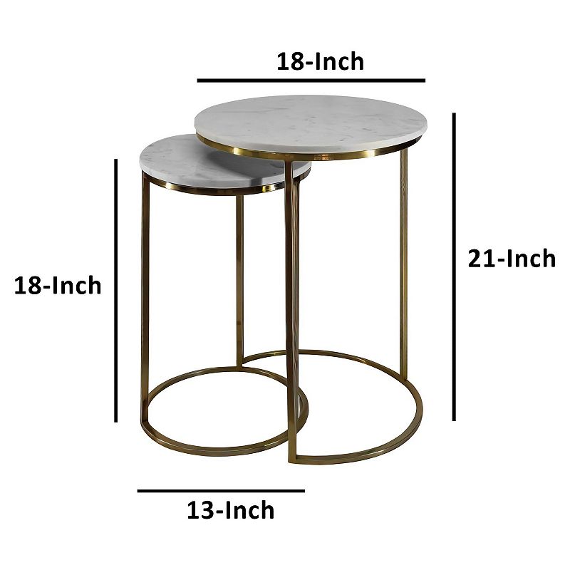 21， 18 Inch Transitional Style Round Marble Top Nesting End Table， Set Of 2， Metal Frame， White