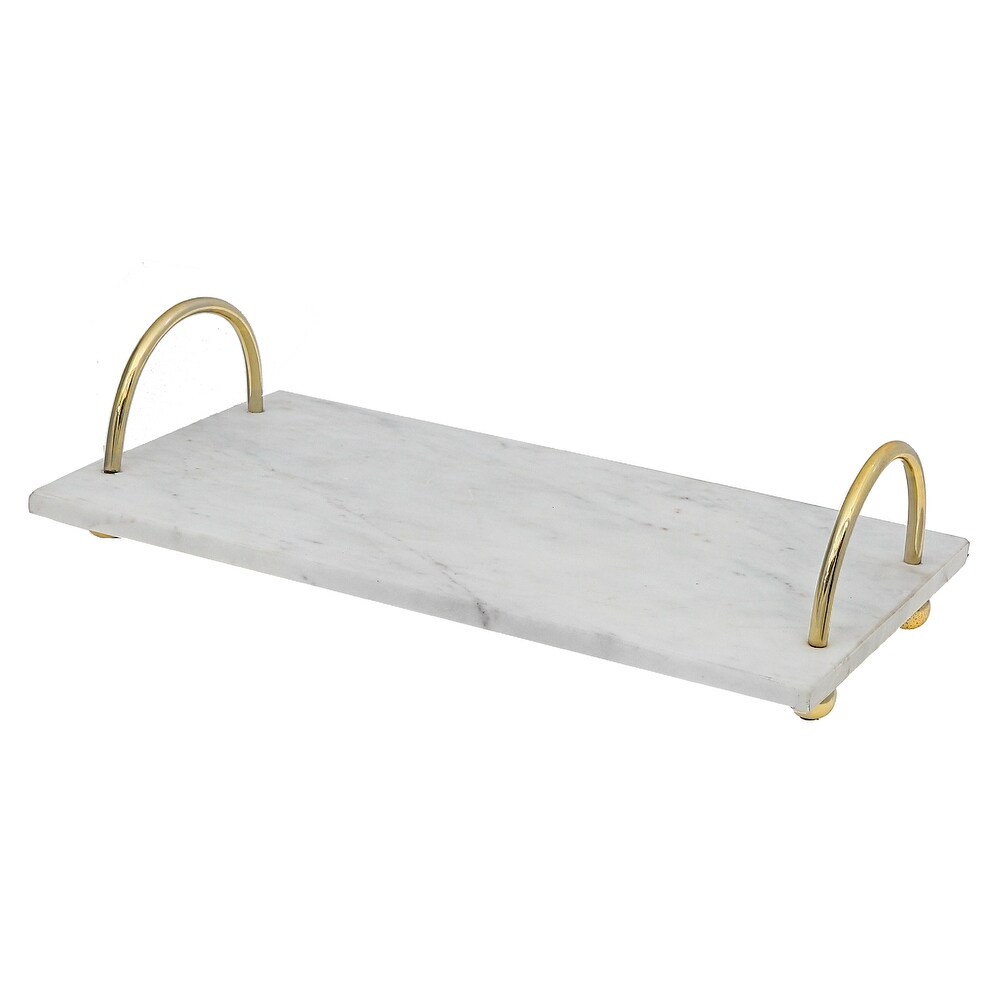 IH Casa Decor White Marble Rect. Serving Tray With Gold Handles