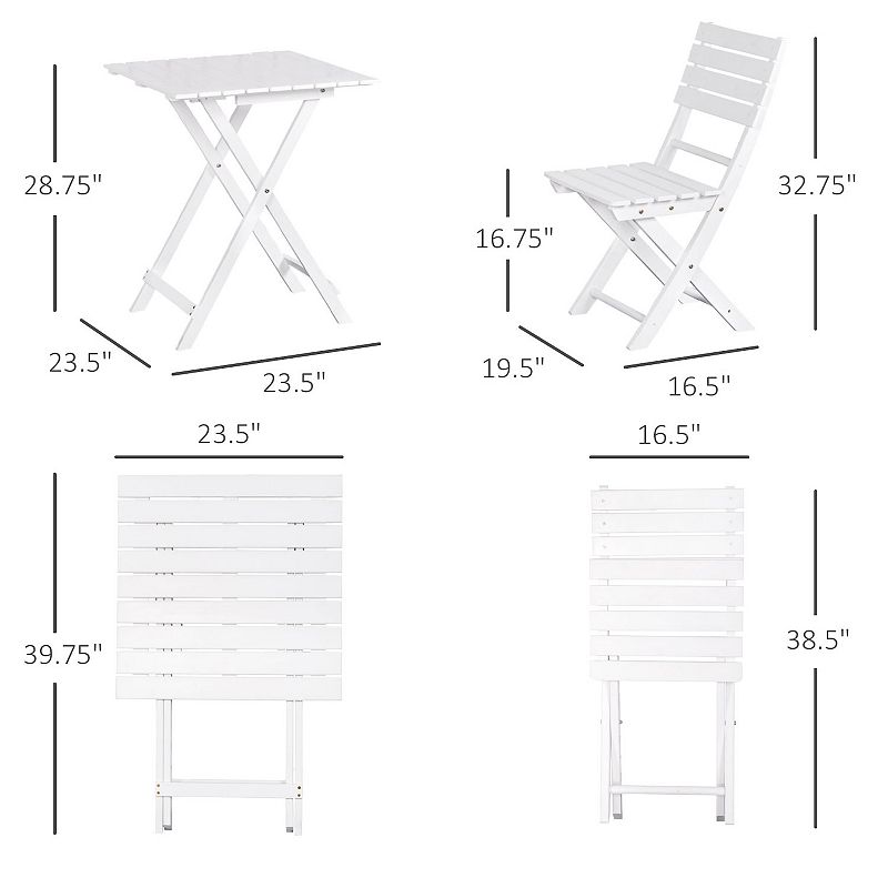 Outsunny 3 Piece Patio Bistro Set， Folding Outdoor Chairs and Table Set， Pine Wood Frame for Poolside Garden， White