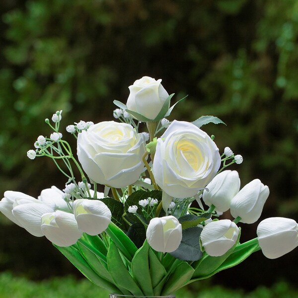 Mixed Rose and Tulip Flower Arrangement in Clear Glass Vase with Acrylic Water for Home Wedding Decoration