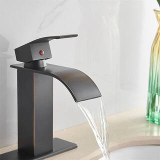 FLG Single Handle Single Hole Waterfall Bathroom Faucet with Pop-up Drain Kit and Deckplate Included in Oil Rubbed Bronze LE-0046-ORB-D