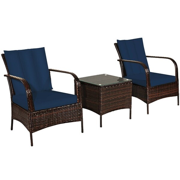 Costway 3 PCS Patio Wicker Rattan Furniture Set Coffee Table and 2