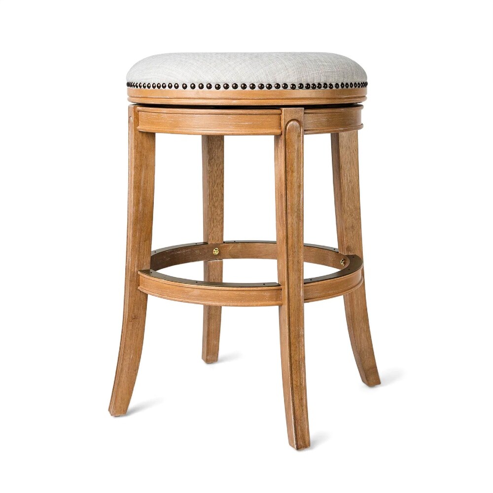 Maven Lane Alexander Backless Bar Stool in Weathered Oak Finish w/ Sand Color Fabric Upholstery