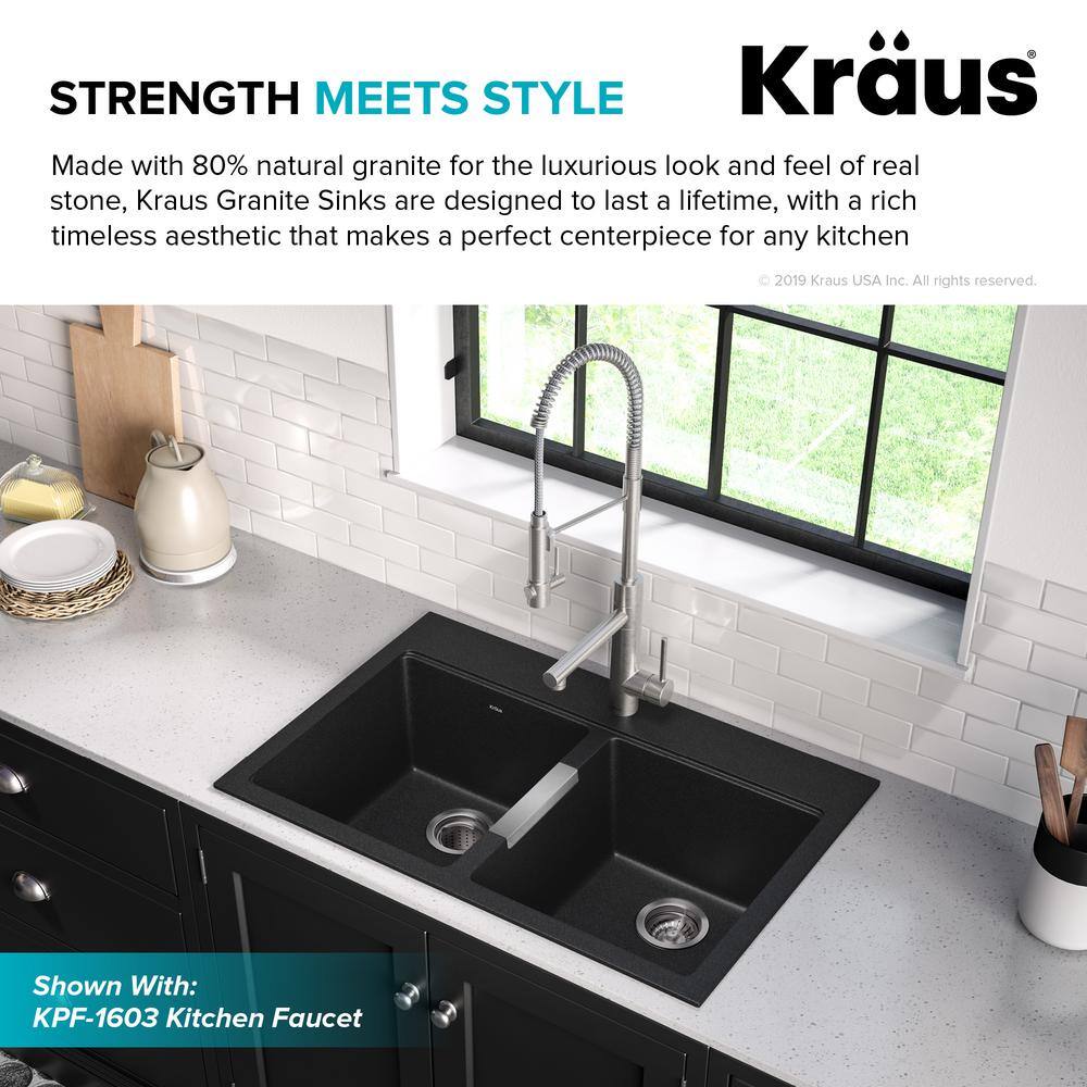 KRAUS Quarza Black Onyx 33 Inch Drop-in  Undermount 5050 Double Bowl Granite Kitchen Sink KGD-433B