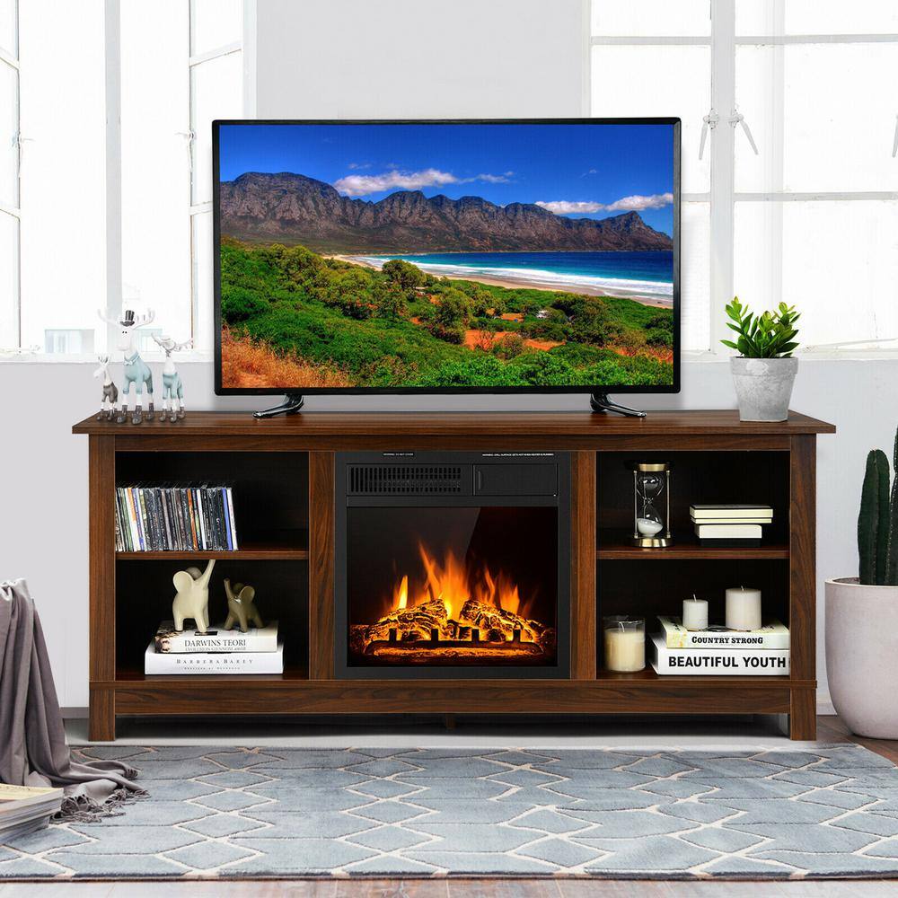 Gymax 58 in. Fireplace TV Stand with 18 in. 1500-Watt Electric Fireplace 65 in. Walnut (2-Tier) GYM06593