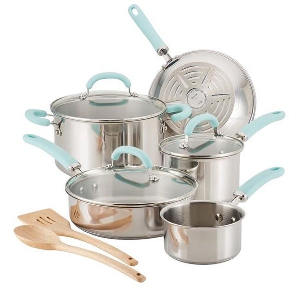 10-Piece Create Delicious Stainless Steel Pots and Pans Set， Cookware Set， Light Blue Handles