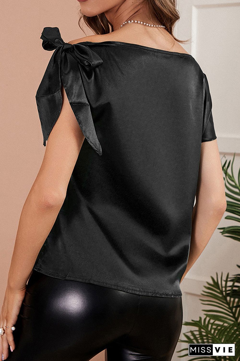 Off Shoulder Tie Bow Short Sleeves Silky Tee