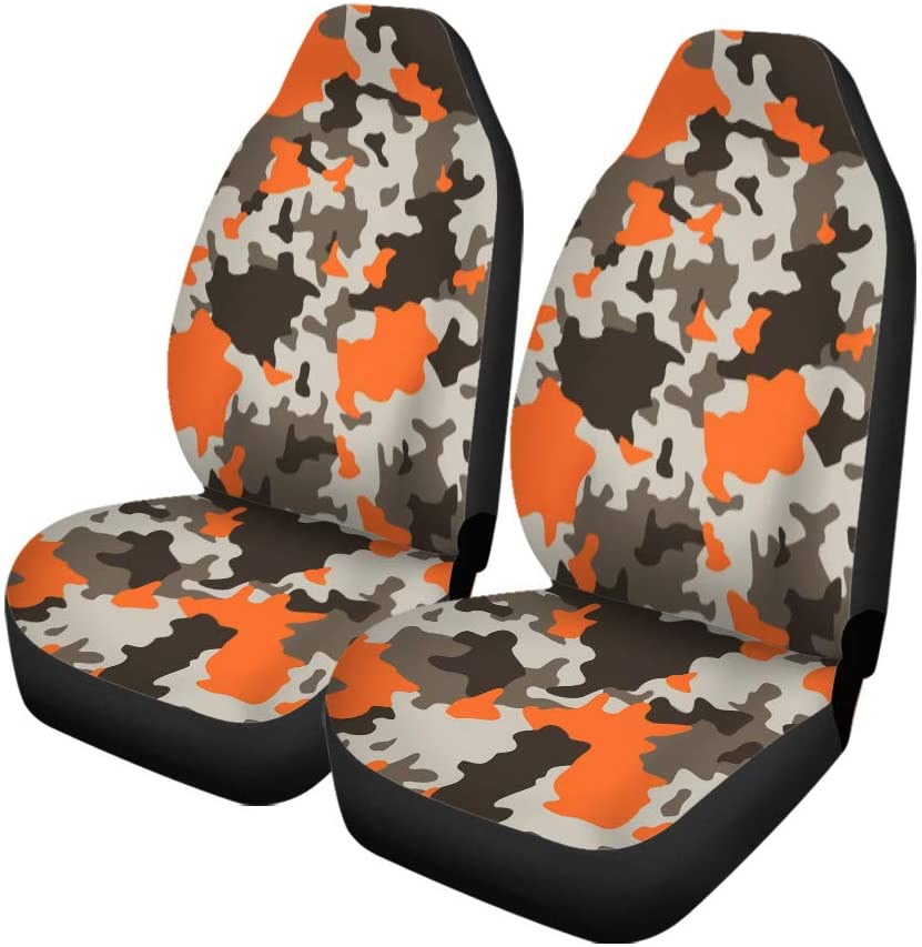 KXMDXA Set of 2 Car Seat Covers Brown Black Camouflage Grey and Orange Camo Geometric Universal Auto Front Seats Protector Fits for Car，SUV Sedan，Truck