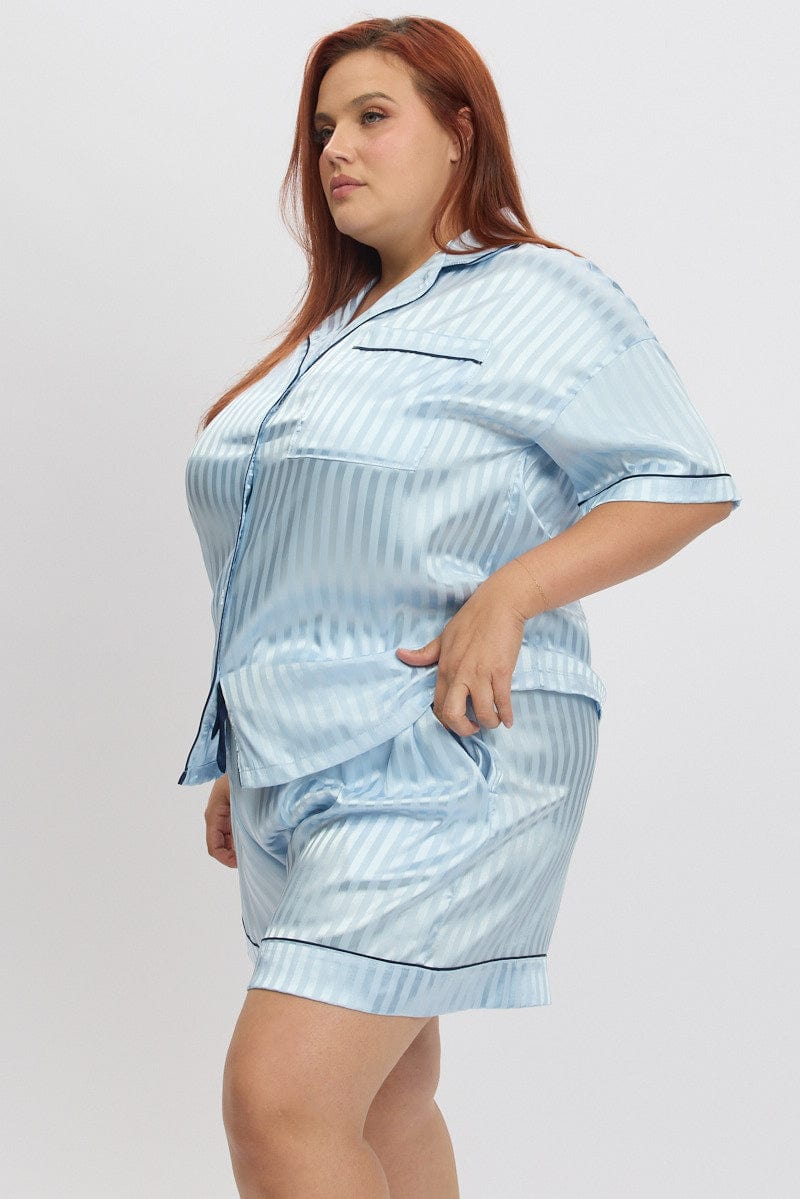 Blue Stripe Satin Pyjamas Set Short Sleeve