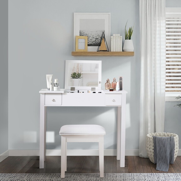 Accent White Vanity Table Set with Flip Top Mirror...