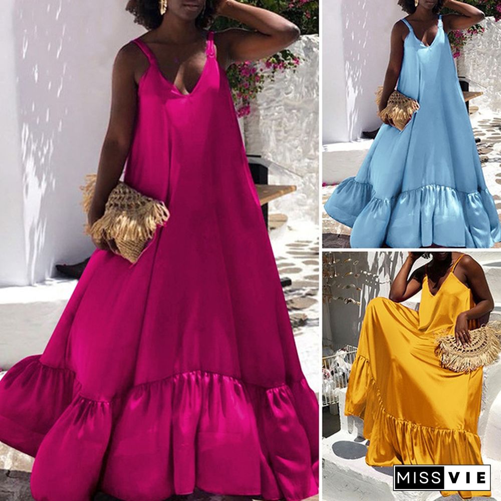 Women Summer Holiday Sleeveless V-Neck Solid Color Spliced Ruffle Hem Plus Size Loose Maxi Dress