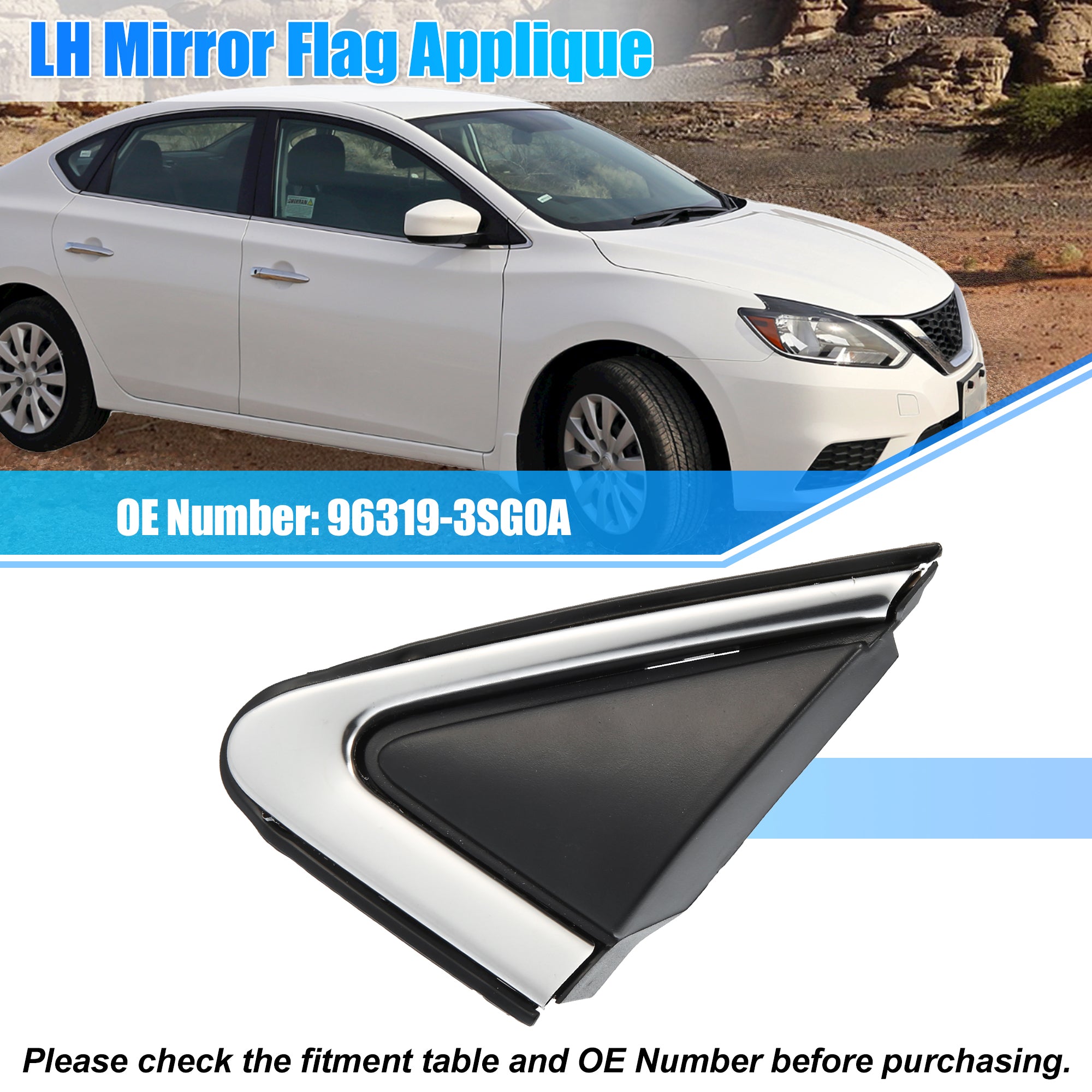 Unique Bargains Front Left Fender Trim Mirror Finisher 96319-3SG0A for Nissan Sentra 2013-2019