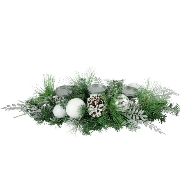 Green Pine And Needle Triple Candle Holder With Pinecones And Christmas Ornaments