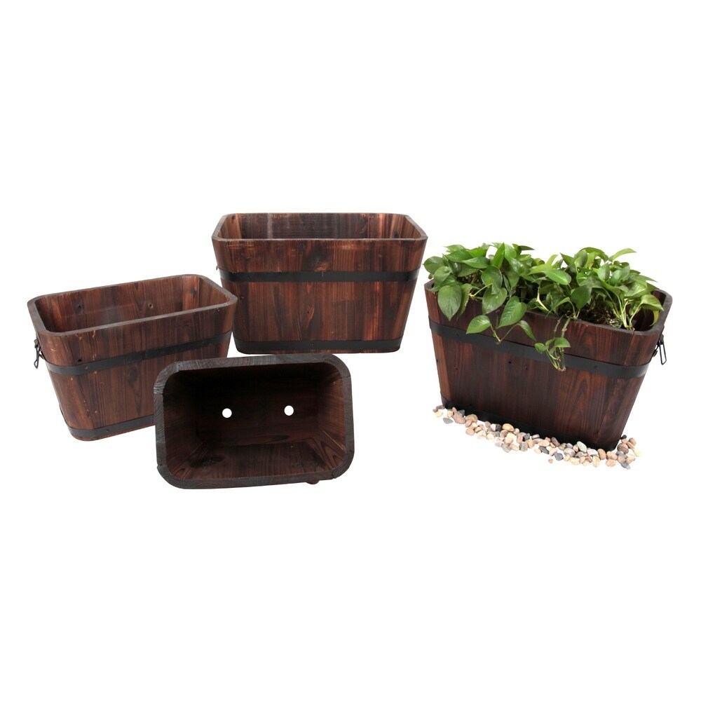 Set of 4 Barrel Style Rectangular Wooden Planters