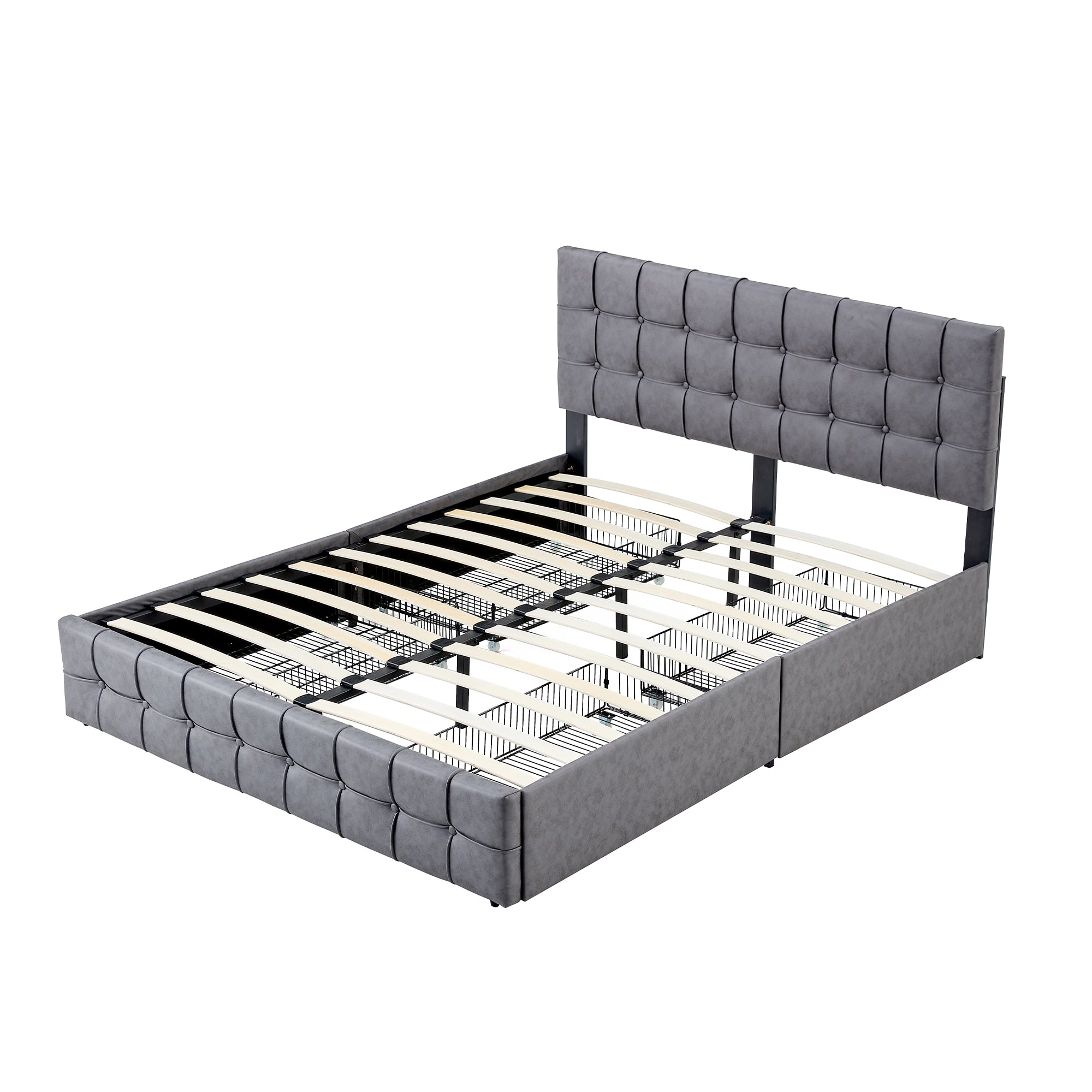 HSUNNS Modern Fabric Upholstered King Size Bed Frame with 4 Drawers, Storage Bed with Height Adjustable Headboard, Bedroom Furniture Metal Frame with Strong Wood Slats Support, Gray