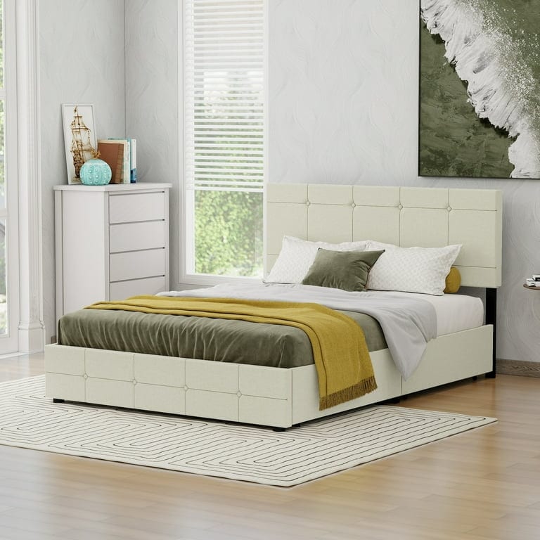 NNV Upholstered Platform Bed Frame with 4 Storage Drawers  Button Tufted Design