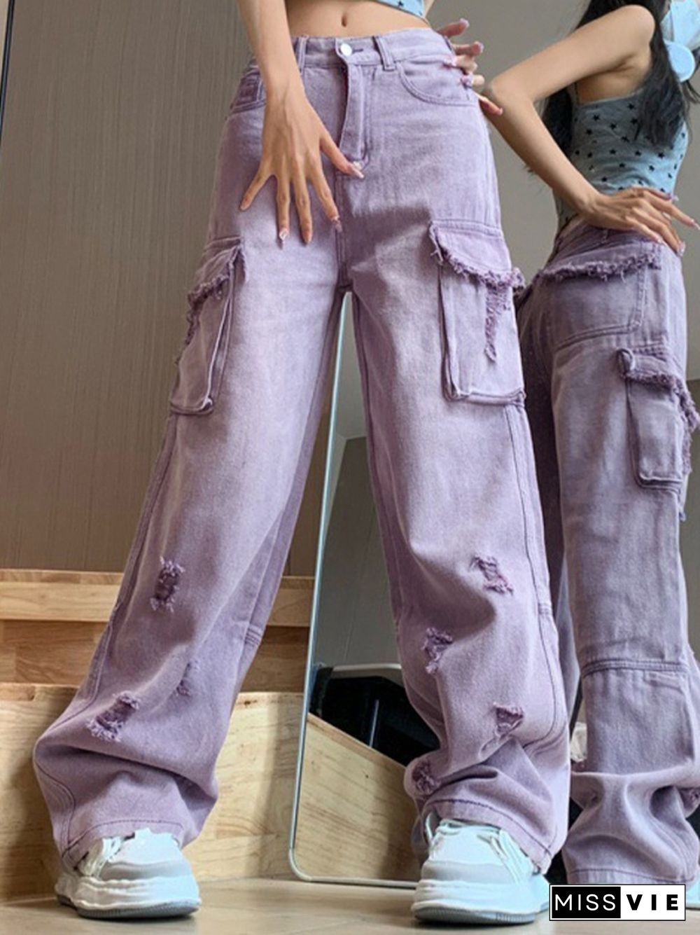 Purple Washed Distressed Ripped Cargo Cargo Jeans