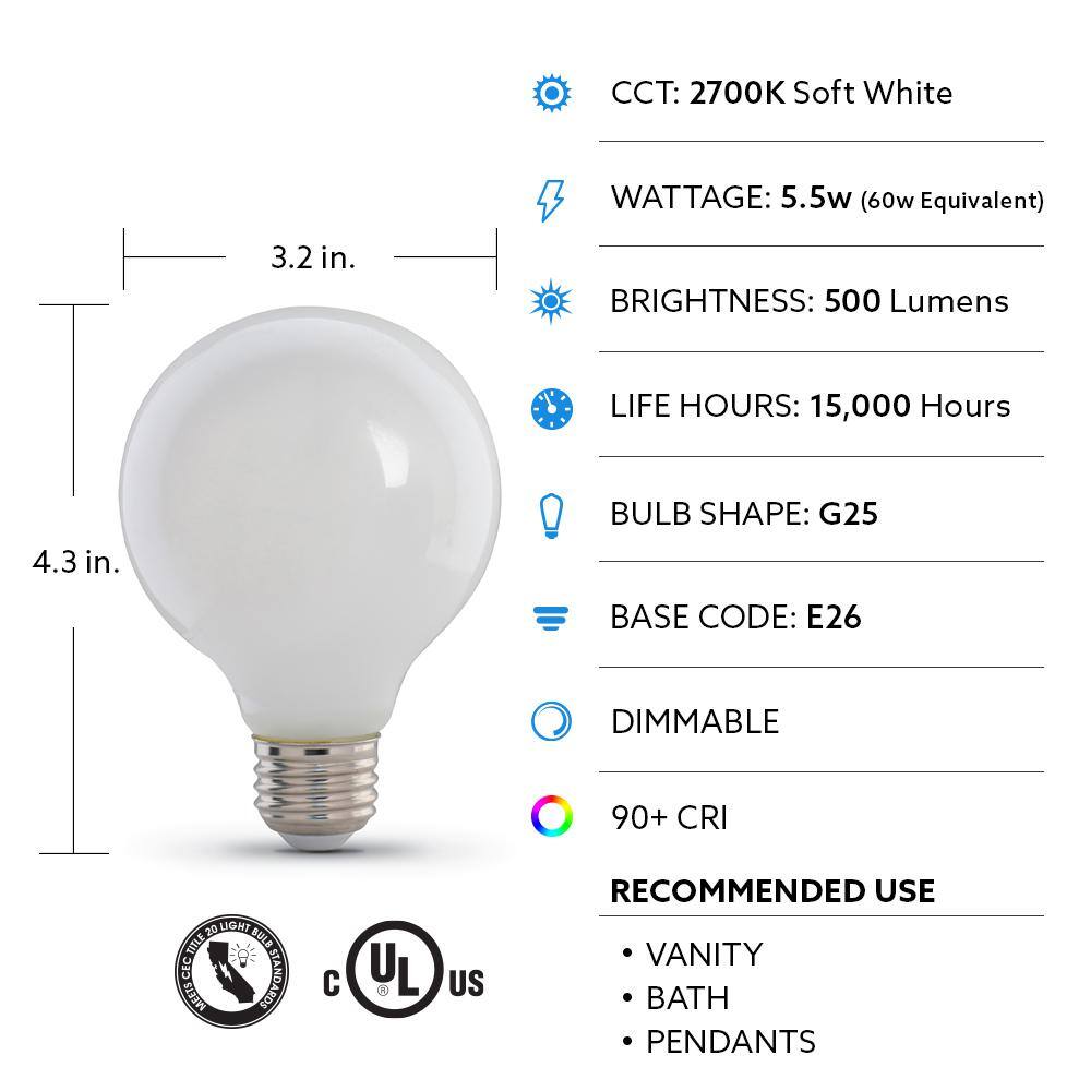 Feit Electric 60-Watt Equivalent G25 Dimmable Filament ENERGY STAR White Glass LED Light Bulb Soft White (3-Pack) G2560W927CAFIL3RP