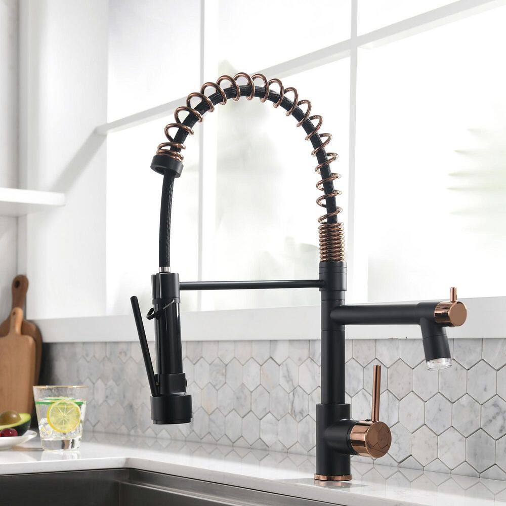 Boyel Living 1.8 GPM Single Handle Pull Down Sprayer Kitchen Faucet with LED Light and Pot Filler in Matte Black Mix Rose Gold BL-2BR91-LED