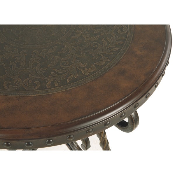 Round End Table With Nailhead Accented Top and Scrolled Base， Brown - 24.88 H x 26.63 W x 26.63 L Inches