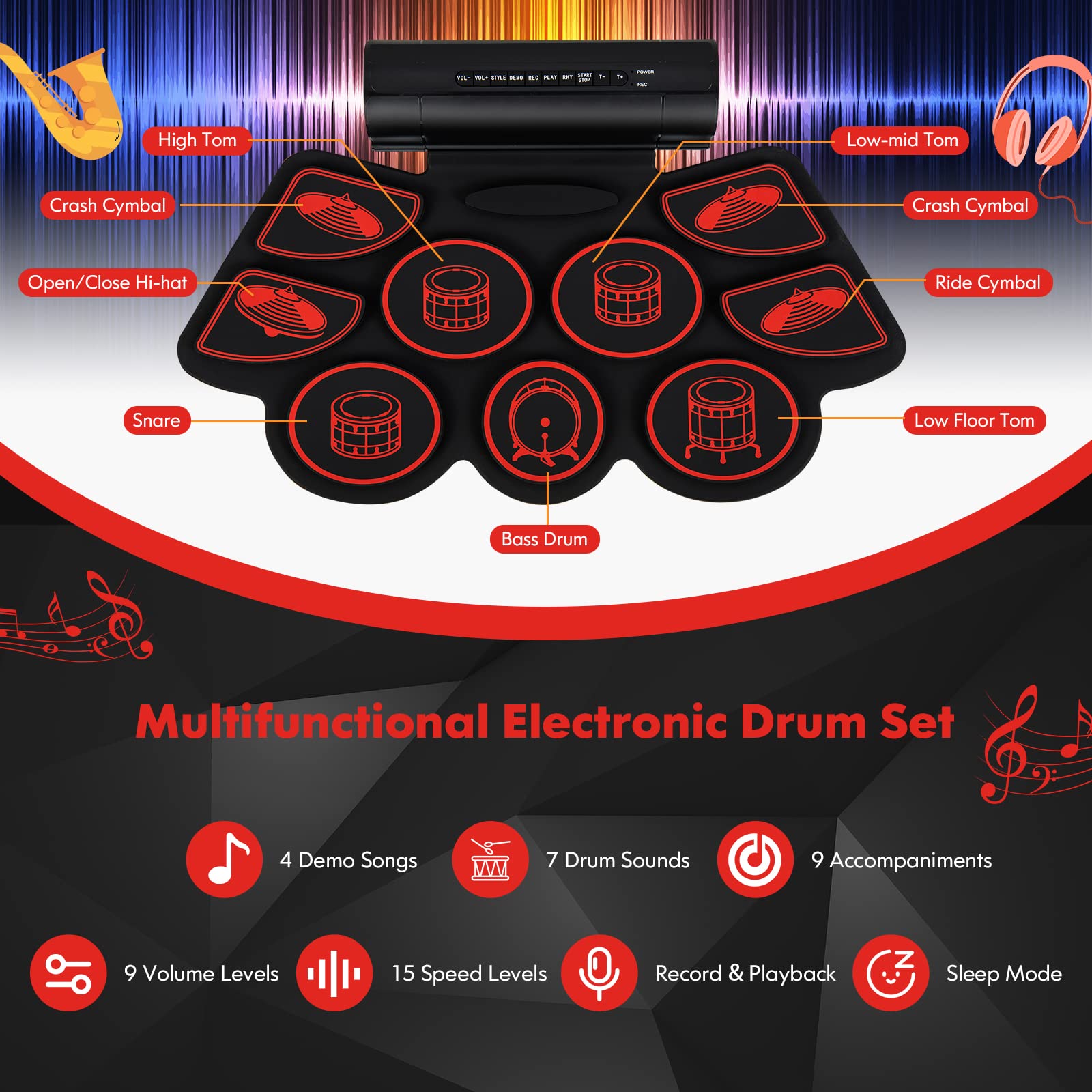 Costzon Electronic Drum Set, 9-Pad Digital Drum Kit w/ 2 Stereo Speakers, Drum Sticks, Foot Pedals