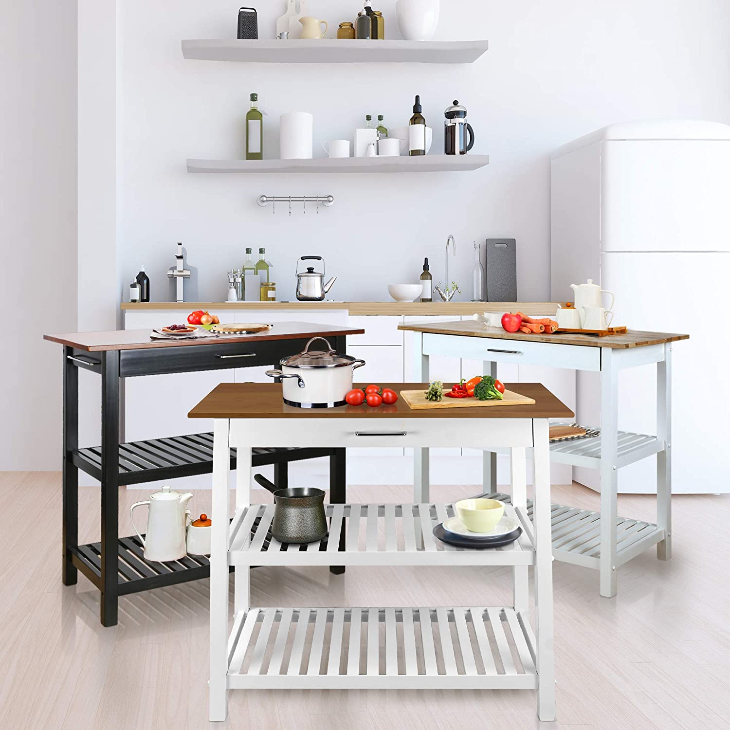 Casual Home Kitchen Island with Solid American Cherry Top， White and Cherry Natural