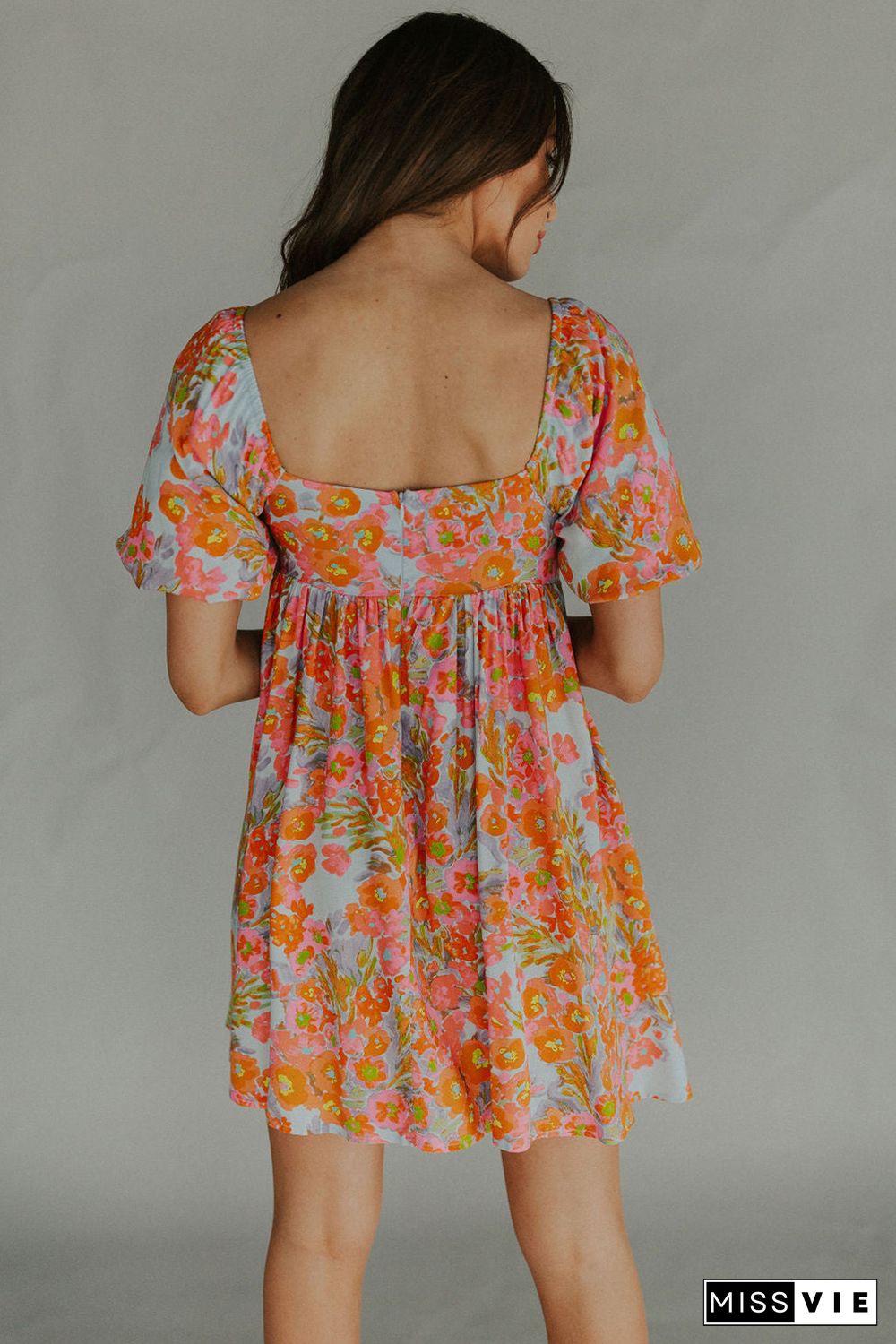 Orange High Waist Square Neck Puff Sleeve Floral Dress