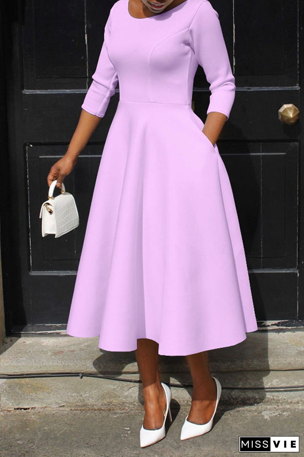 Purple Casual Elegant Solid Patchwork O Neck A Line Dresses