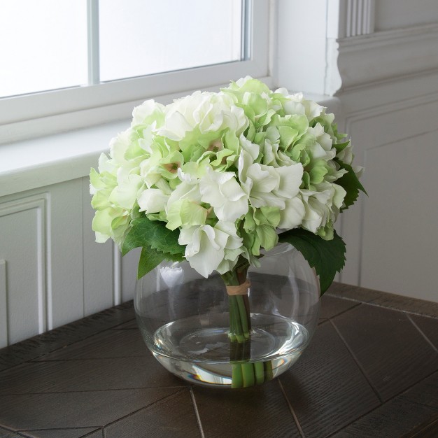 Hydrangea Floral Arrangement In Vase 5 count Artificial Flowers With Leaves In Faux Water filled Decorative Clear Glass Bowl By Pure Garden green