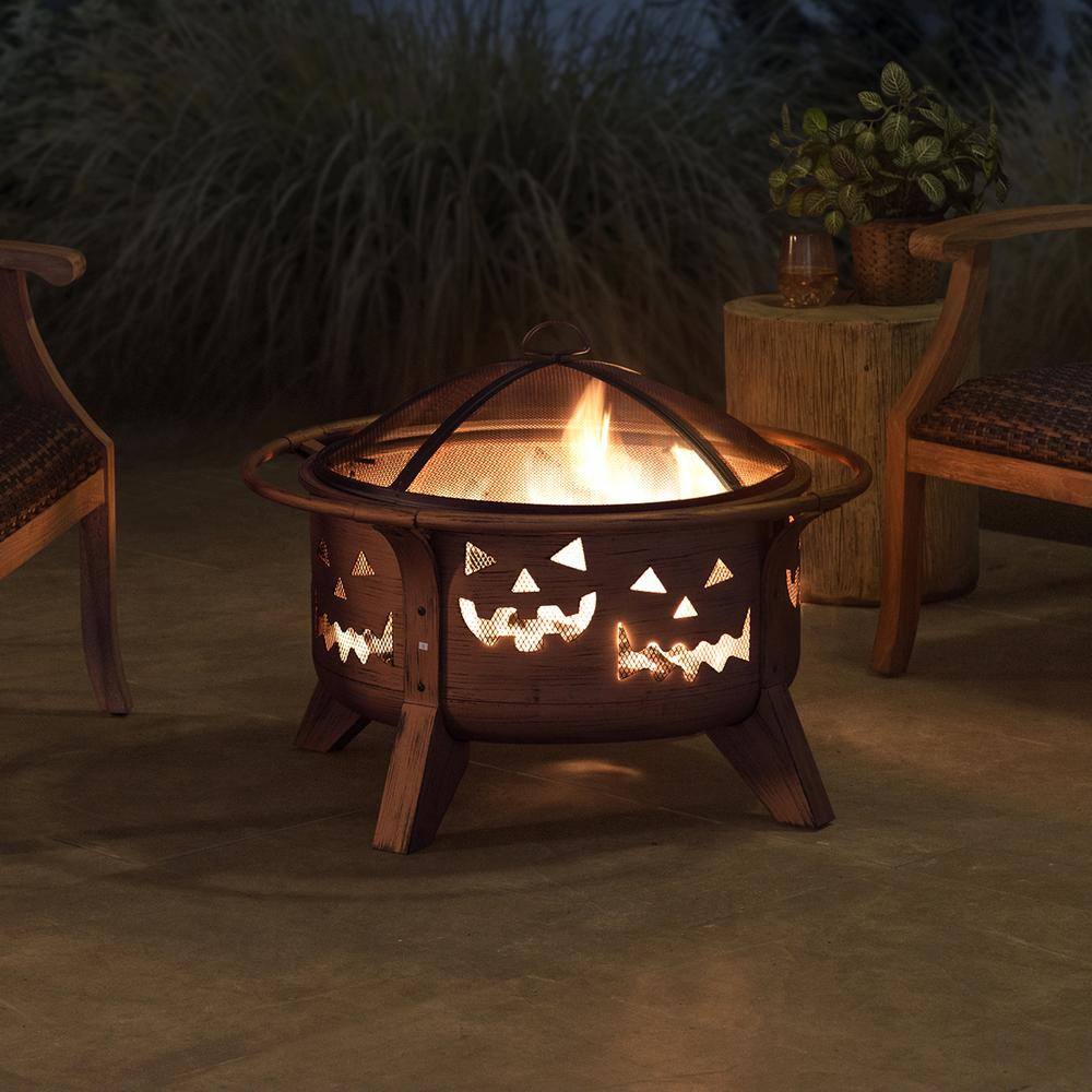 Sunjoy Ambercove 30 In. Outdoor Steel Jack-O-Lantern Motif Round Wood Burning Firepit A301026900