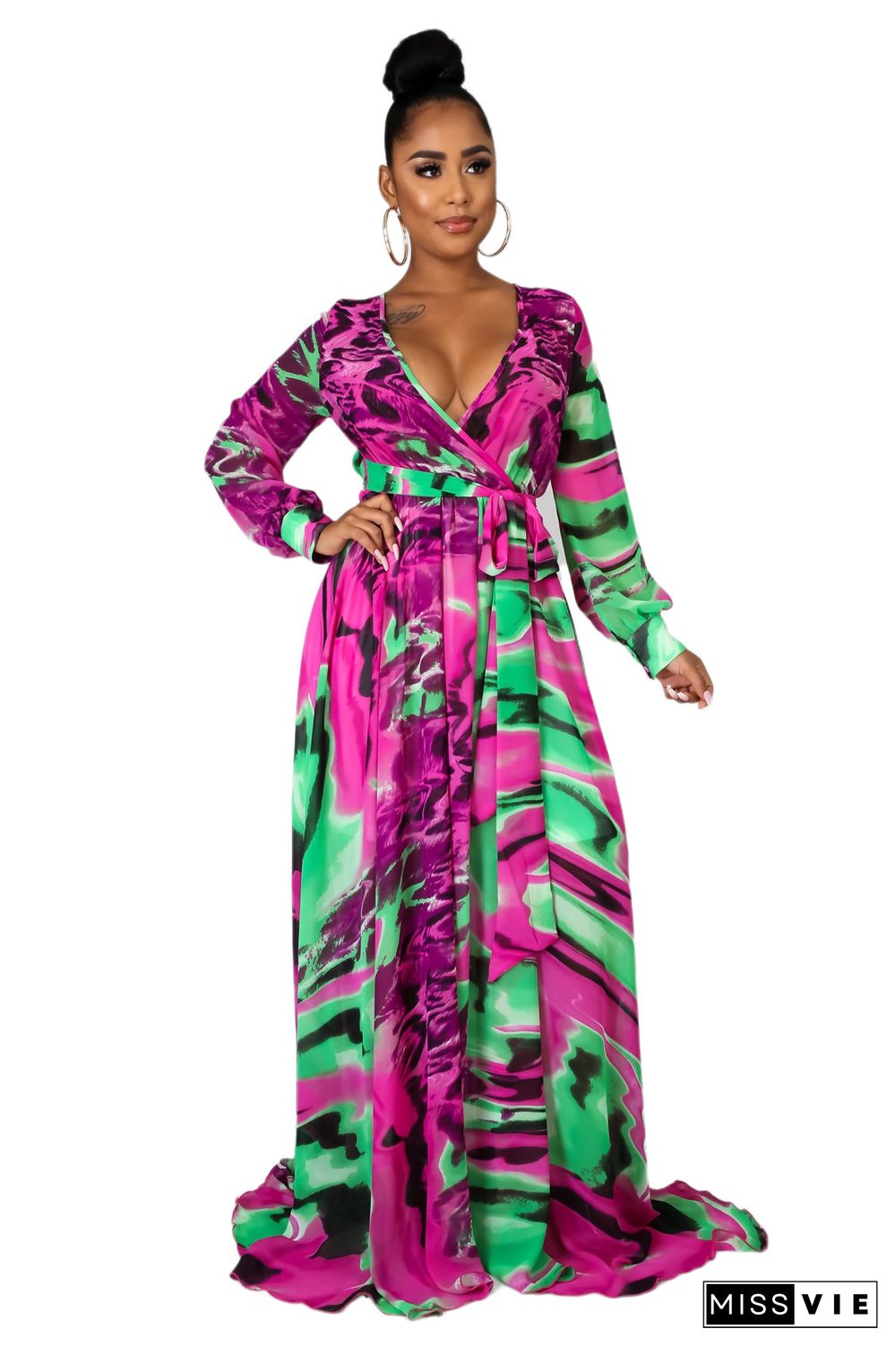 Summer Vacation Printed Long Sleeve Deep V Neck With Waist Belt A Line Women Maxi Dress