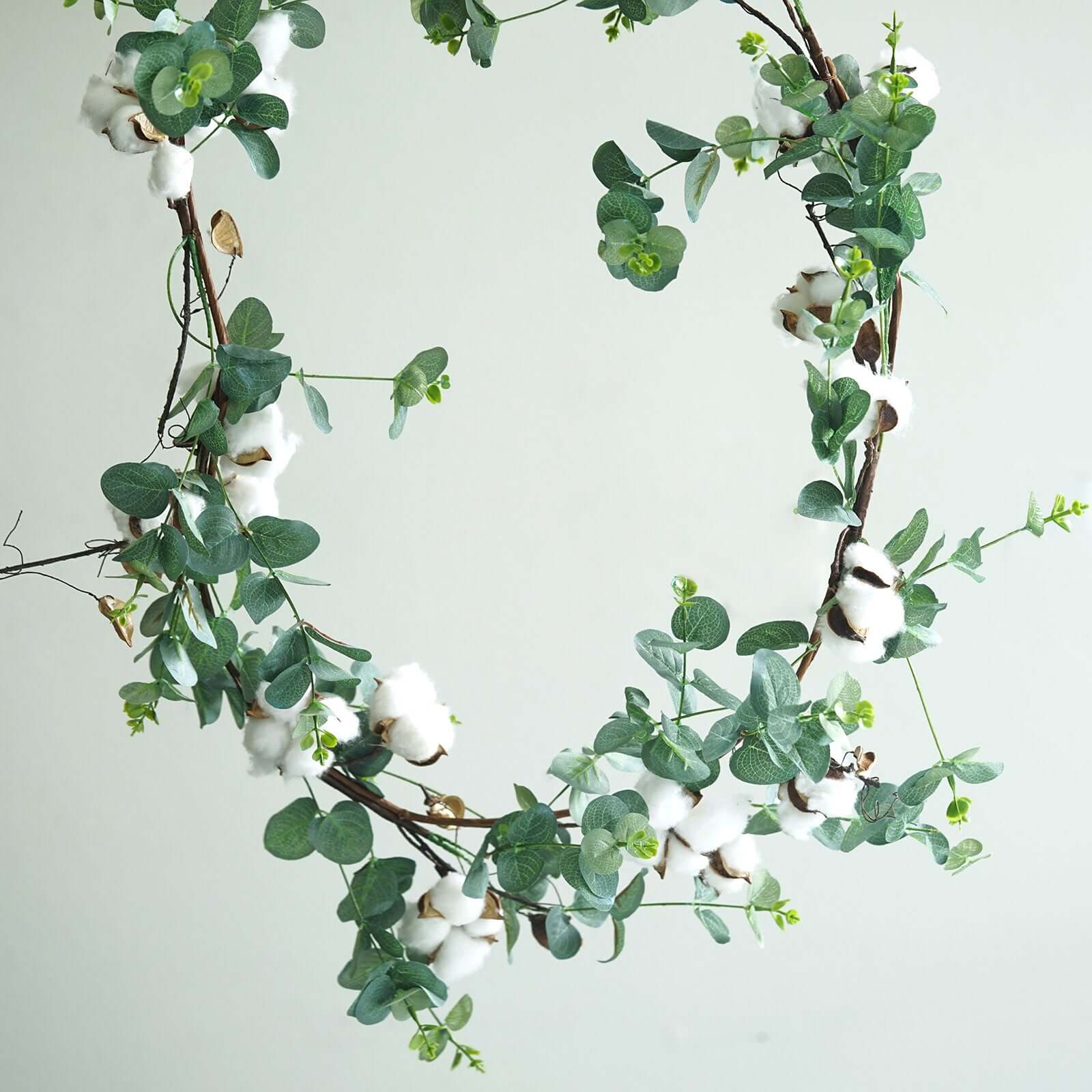 Green Artificial Eucalyptus Leaf, White Cotton Ball Garland Vine 5ft