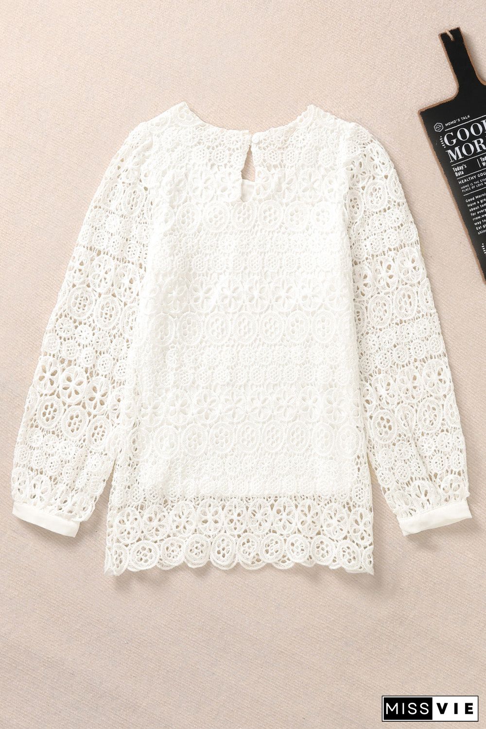 Beige Lace Contrast Hollow-Out Long Sleeve Blouse