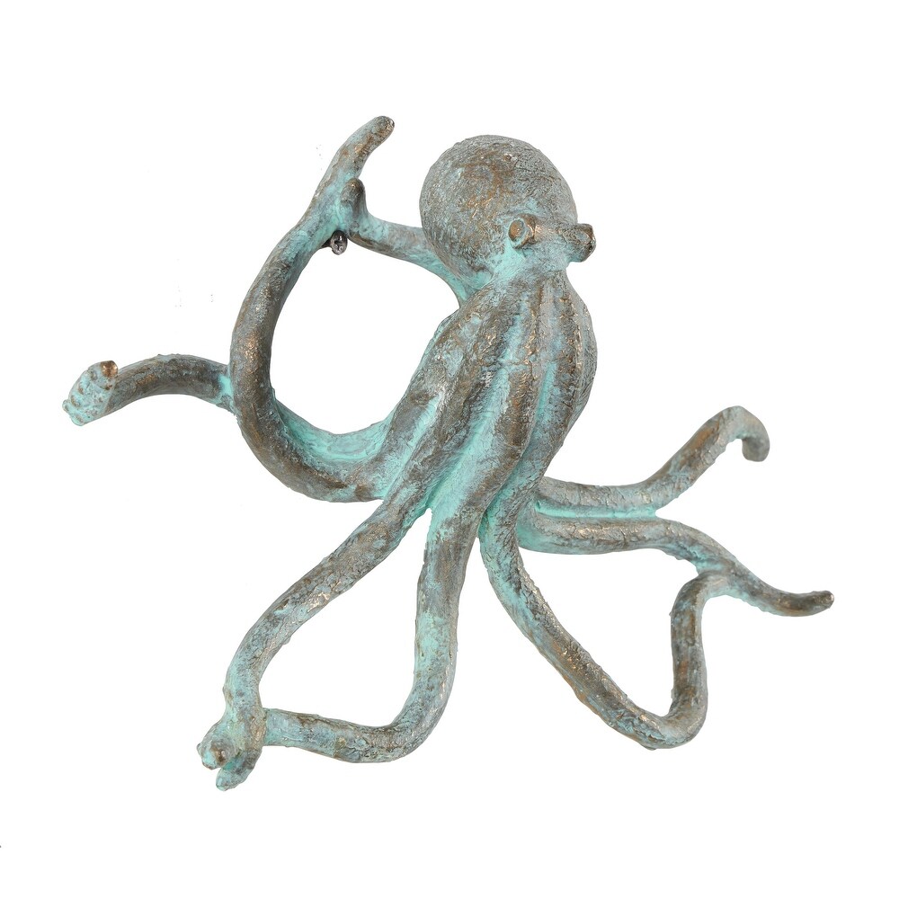 Blue Polystone Distressed Patina Octopus Sculpture with Gold Foil Accents