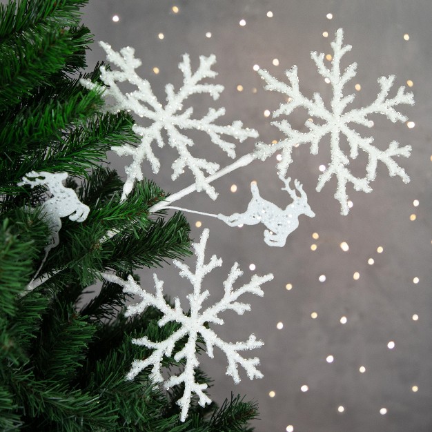 Glittered White Snowflake And Reindeer Christmas Spray