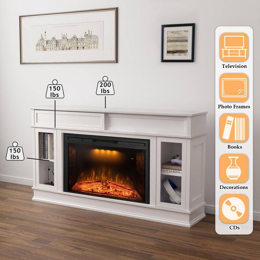 Prismaster ...keeps your home stylish 60 in. TV Stand for 65 in. TVs with Electric Fireplace Built-In Bookshelves Spring Pressed Glass Door White M09BL33WTPR04