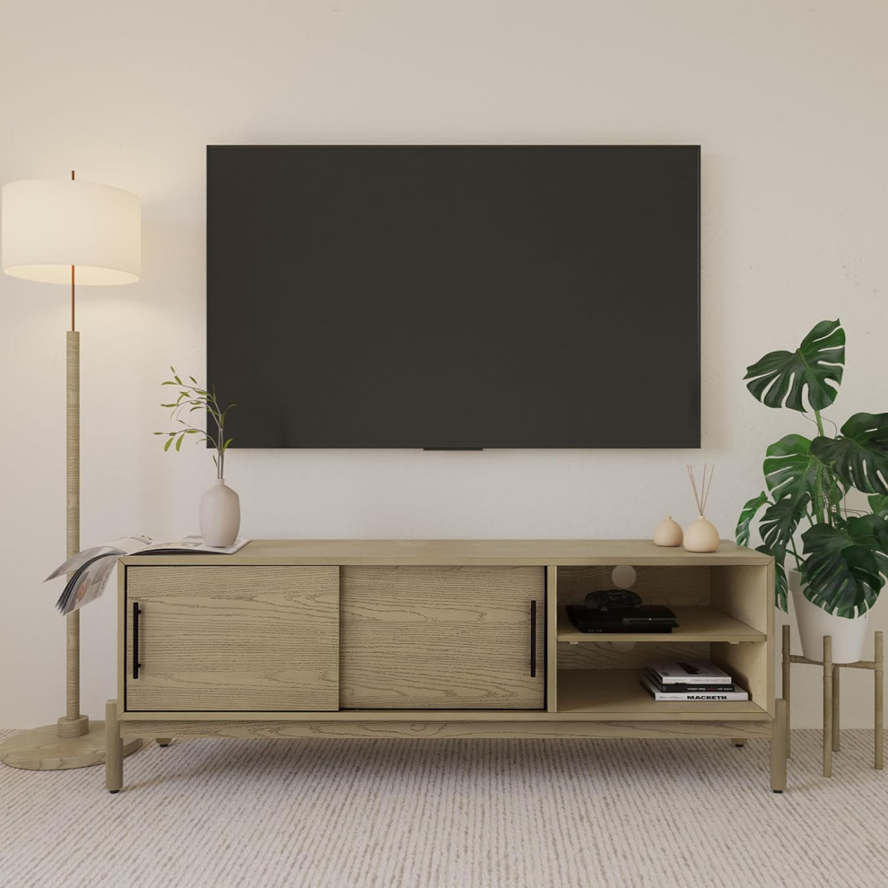 Mid Century TV Stand  2 Sliding Cabinet Doors  ampOpen Compartment  Light Gray   Midcentury   Entertainment Centers And Tv Stands   by Decor Love  Houzz