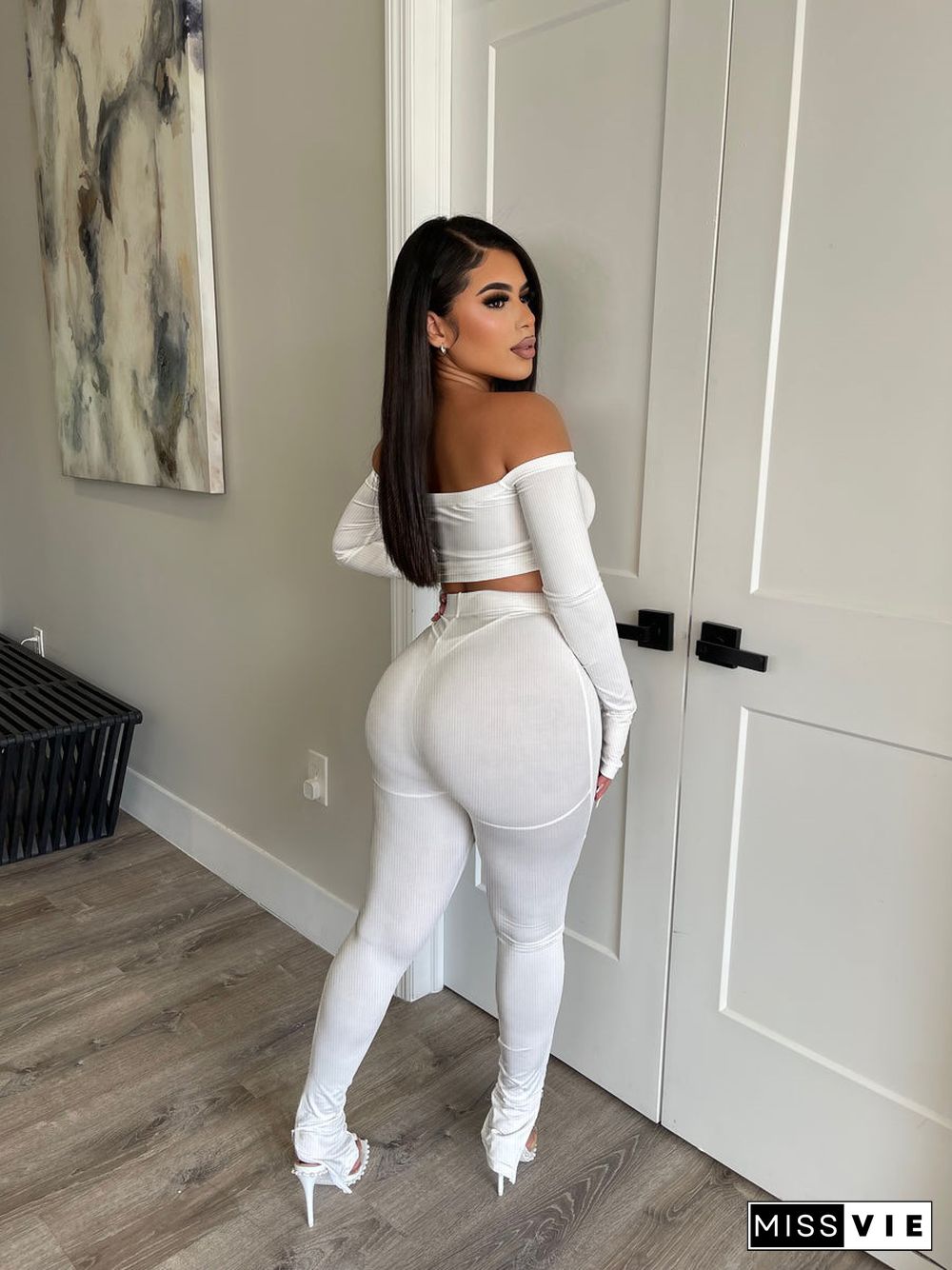 Ribbed Off Shoulder Crop Tops High Waist Pants Suit