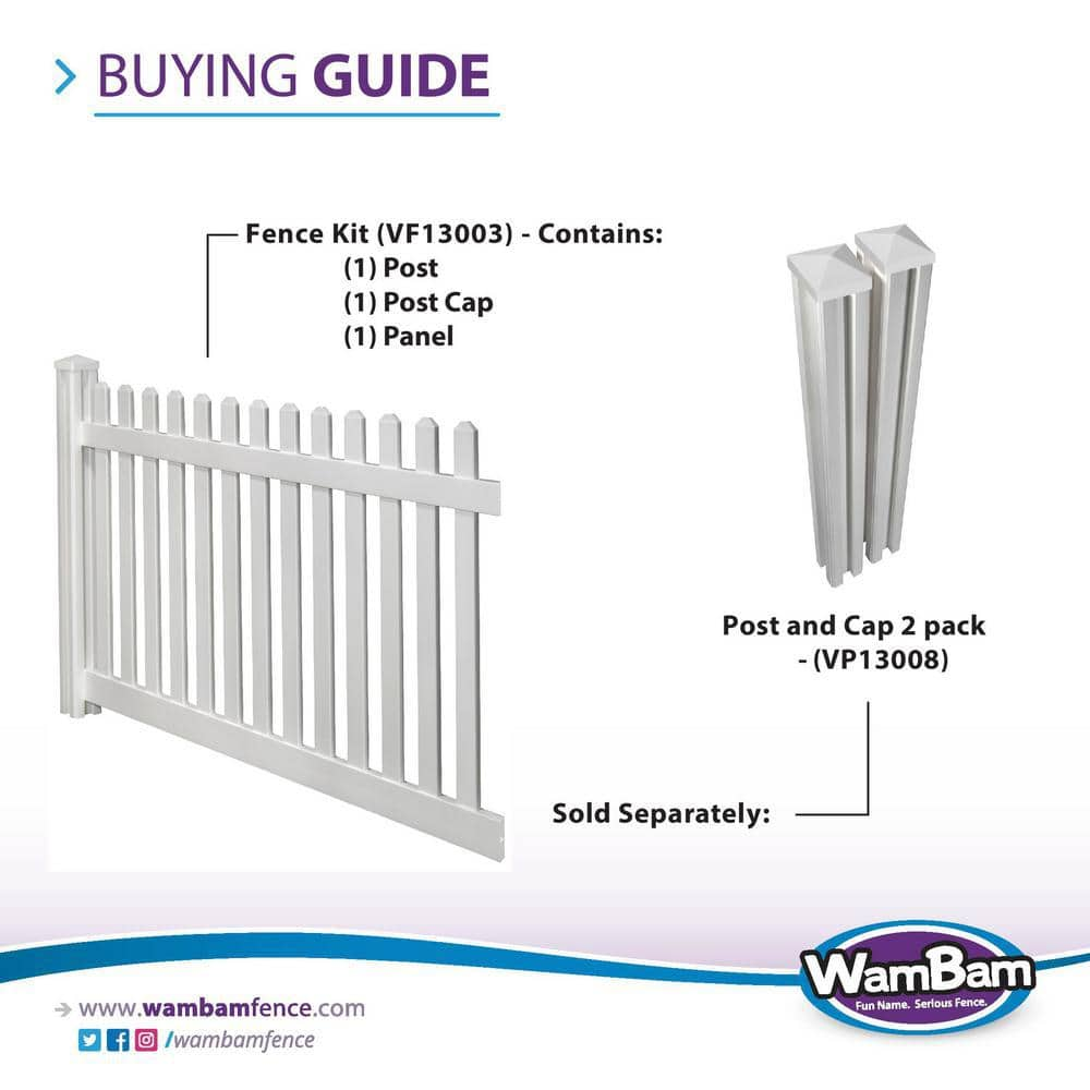 WamBam Fence 4 ft. H x 7 ft. W Premium Vinyl Classic Picket Fence Panel with Post and Cap VF13003