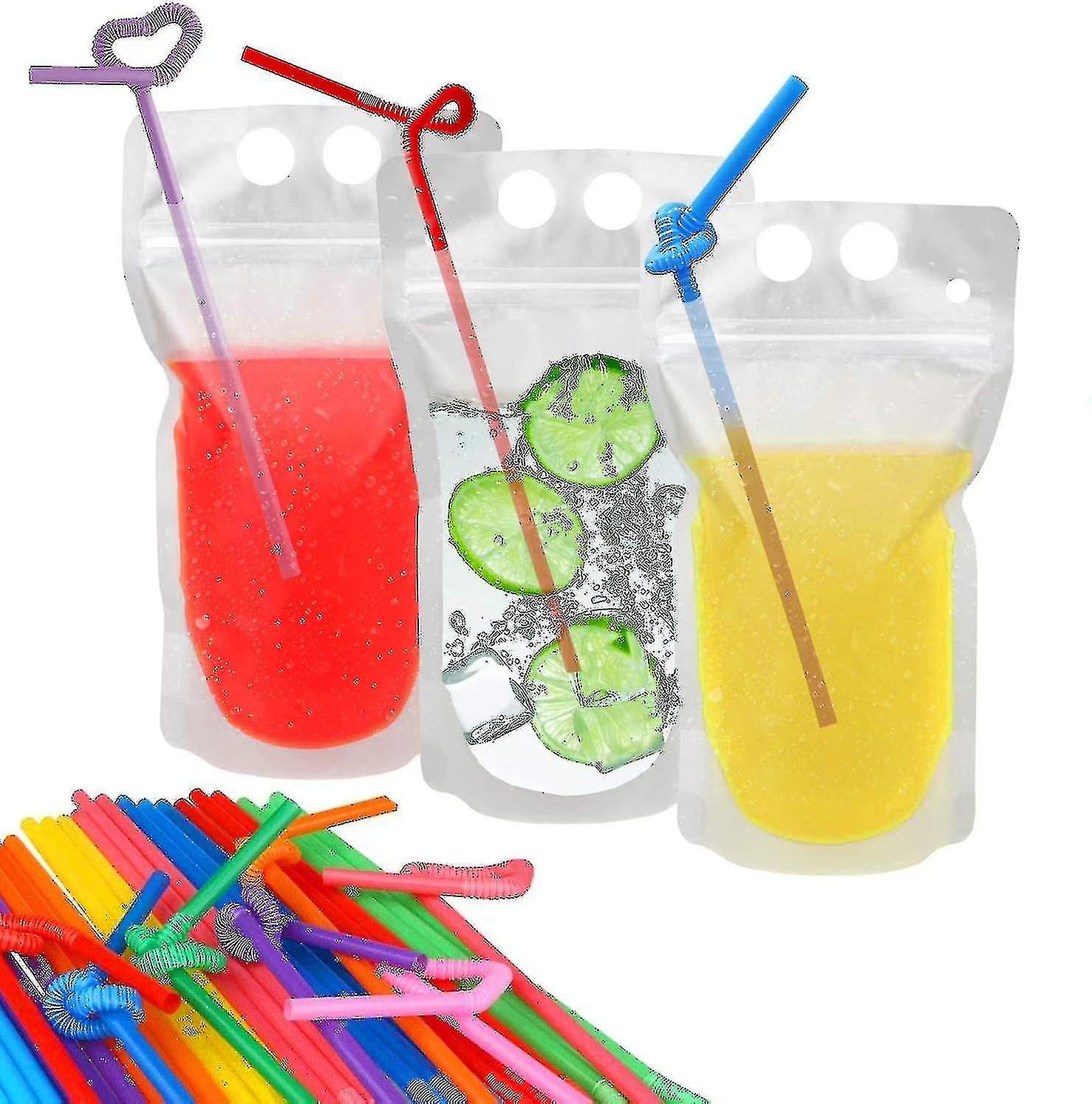 100 Pcs Drink Pouches With 100 Straw Holes Translucent Reclosable Zipper Plastic Pouches