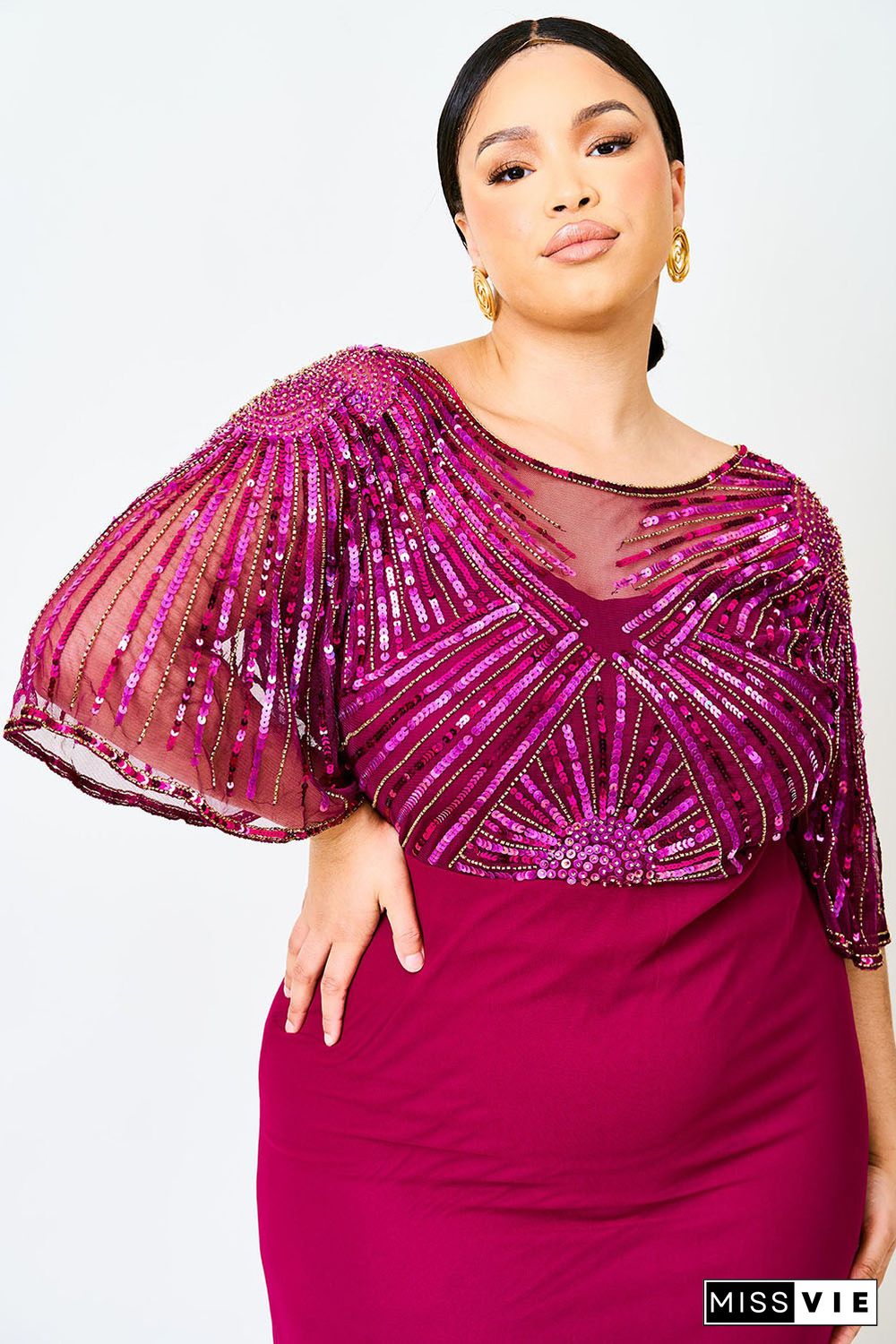 Red Sequin Mesh Open Back Plus Size Maxi Dress