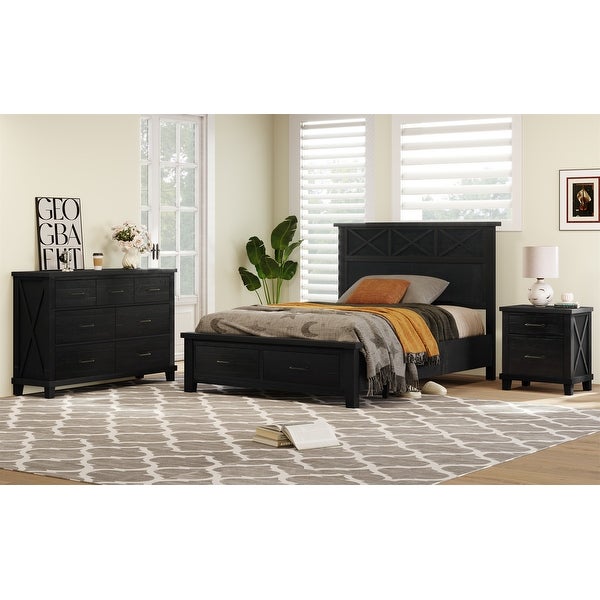 3 Pieces Bedroom Sets Queen Bed with 2 Drawers， Nightstand and Dresser - - 37970672