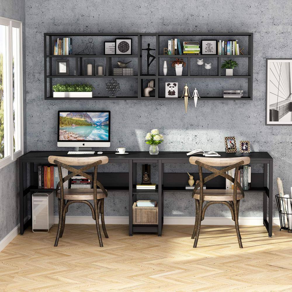 Tribesigns Cassey 78.7 in. Retangular Black Wood and Metal Computer Desk Double Desk for Two Person with Shelf TJHD-QP-0349